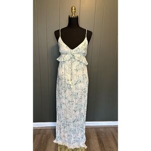 NWT Lovestitch Textured Blue Cream Floral V Neck Maxi‎ Dress Sundress Slit Small